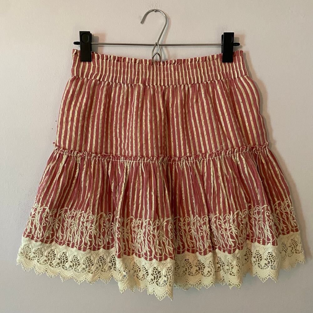 Misa Los Angeles Pink Metallic Stripe Gold Tiered Mini Skirt Cotton Lace Small